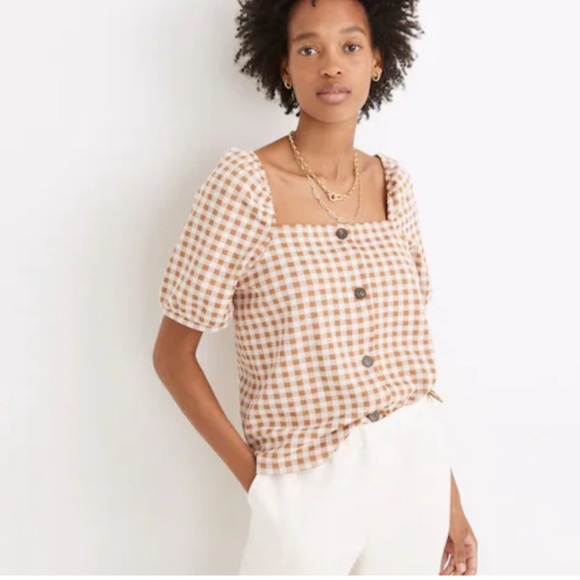 Madewell Gingham Jacquard Square Neck Puff Sleeve Top| Trendy Preppy Business - Picture 2 of 6